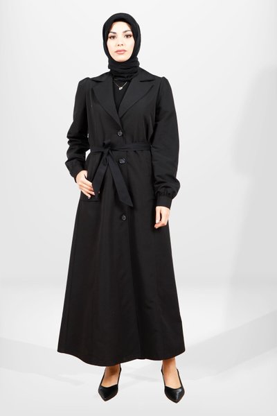 Siyah Uzun Kemerli Trençkot