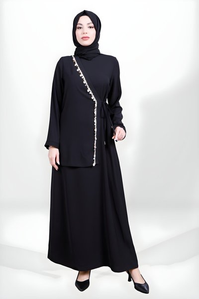 Modest Scallop Trim Side Tie Detail Dress - Black