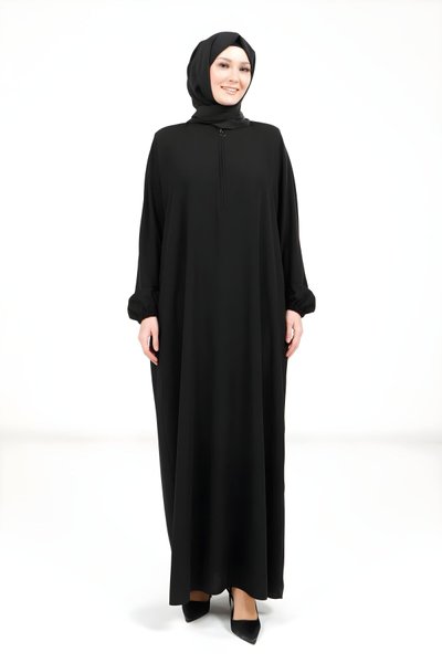 Batwing Collar Zipped Modest Dress - Black
