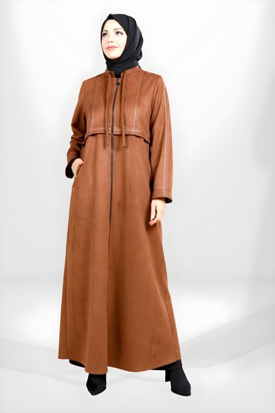 Winter Zippered Embroidered Detail Abaya - Tan
