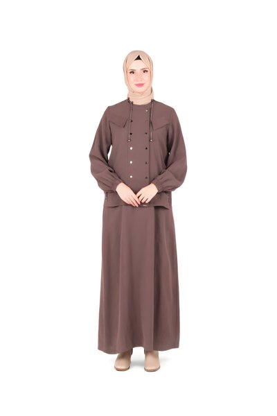 Modest Two-Piece Dress and Jacket Set with Tie Detail - Mink