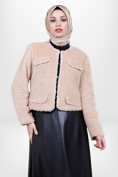 Fur Pearl-Detail Modest Jacket - Mink