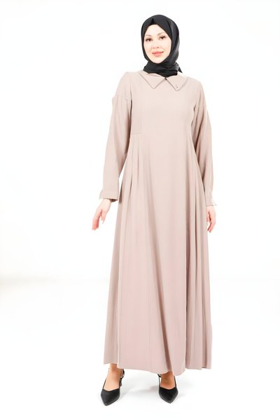 Modest Pleated Dress - Taupe