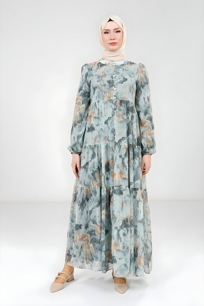 Modest Printed Buttoned Dress - Green