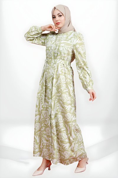 Patterned Belted Modest Shirt Dress - Green