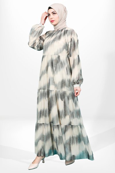 Yeşil Katlı Tül Tesettür Elbise