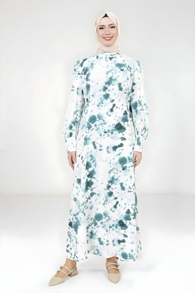 Modest Printed Pattern Detachable Belted Dress - Emerald Green
