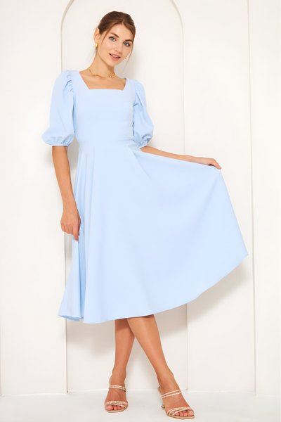 Short Midi Woven Square Neck Balloon Sleeve Dress - Baby Blue
