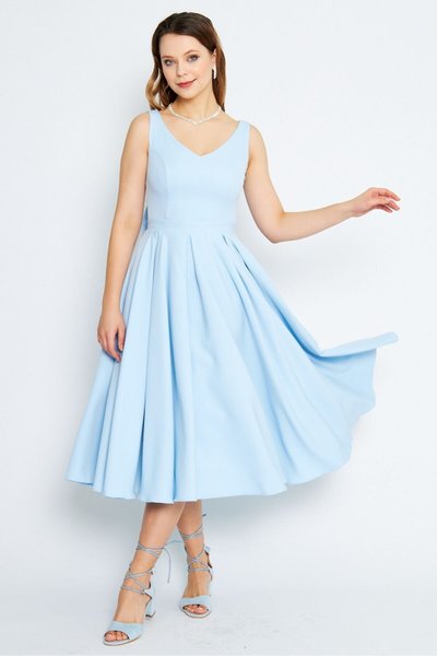 Bebe Mavi Midi Kloş V Yaka Pileli Sırtı Fiyonklu Abiye Elbise