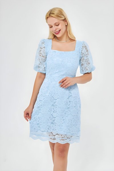 Mini French Lace Balloon Sleeve Square Neck Evening Dress - Baby Blue