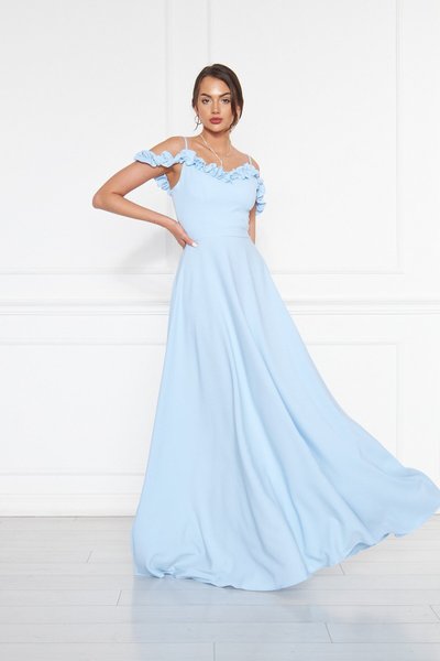 Bebe Mavi Uzun Kloş Ayarlanabilir Askılı Fırfır Detay Dokuma Abiye Elbise