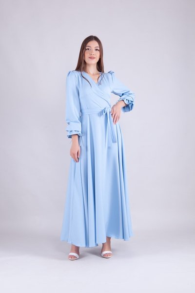 فستان ياقة كروازيه أكمام طويلة أزرق بيبي