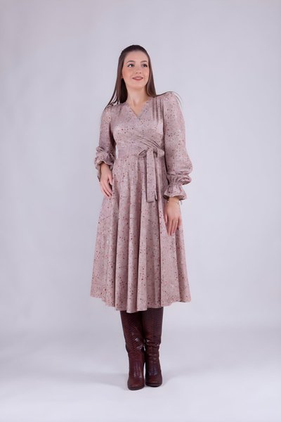 Midi Long Sleeve Floral Patterned Velvet Wrap Neck Dress - Beige