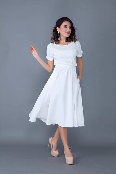 Midi Elastic Waist Pocketed Batwing Sleeve Dress - White