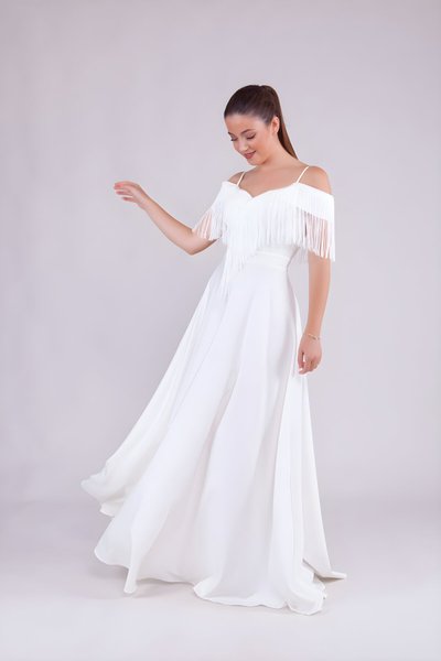 Long Strappy Boat Neck Tassel Detail Evening Dress - White