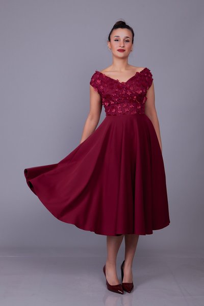 Bordo Çiçekli Midi Kayık Yaka Tül Detay Abiye Elbise