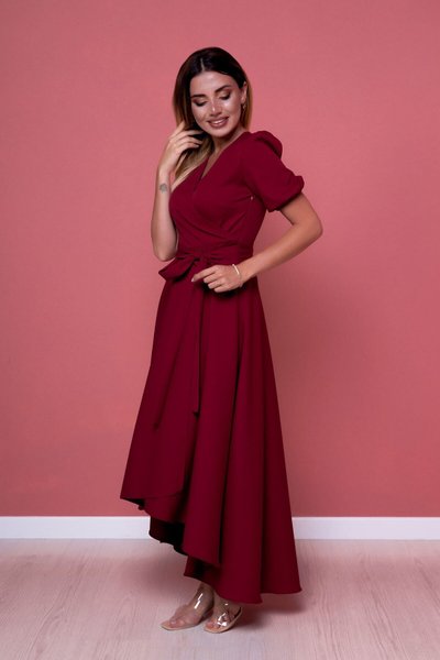 High-Low Asymmetric Midi Wrap Neck Dress - Burgundy