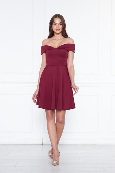 Bordo Mini Kloş Kalp Yaka Düşük Omuz Scuba Abiye Elbise