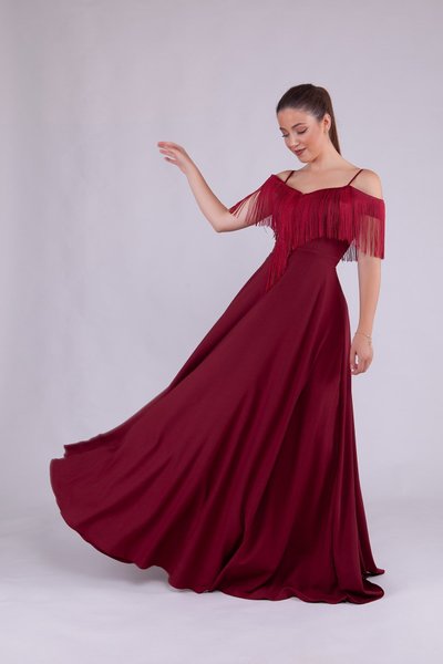 Bordo Uzun Kayık Yaka Püskül Detay Abiye Elbise