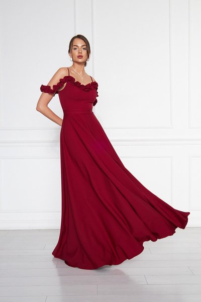 Bordo Uzun Kloş Ayarlanabilir Askılı Fırfır Detay Abiye Elbise