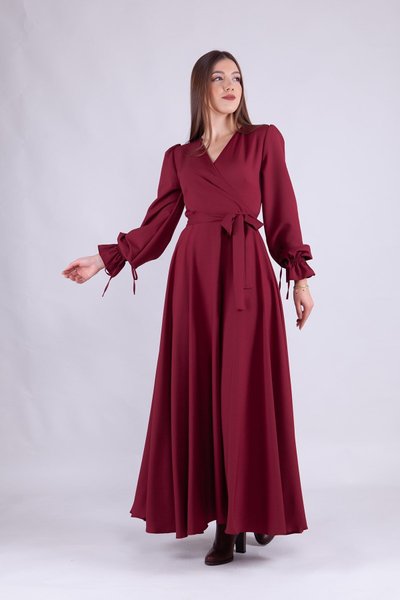 Long Sleeve Wrap Neck Dress - Burgundy
