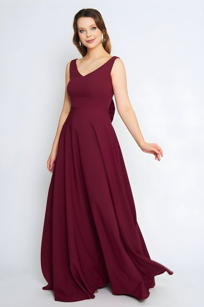 Long Flared V-Neck Back Bow Detail Evening Dress - Burgundy