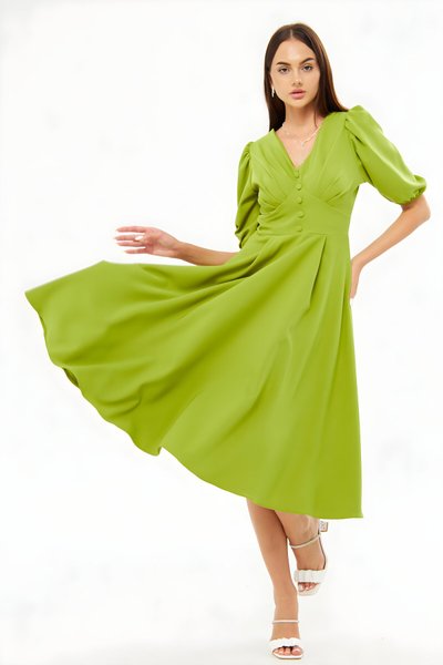 Midi Balloon Sleeve V-Neck Corset Belt Detail Evening Dress - Pistachio Green