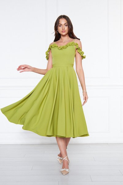 Fıstık Yeşili Pileli Kloş Midi Ayarlanabilir Askılı Abiye Elbise