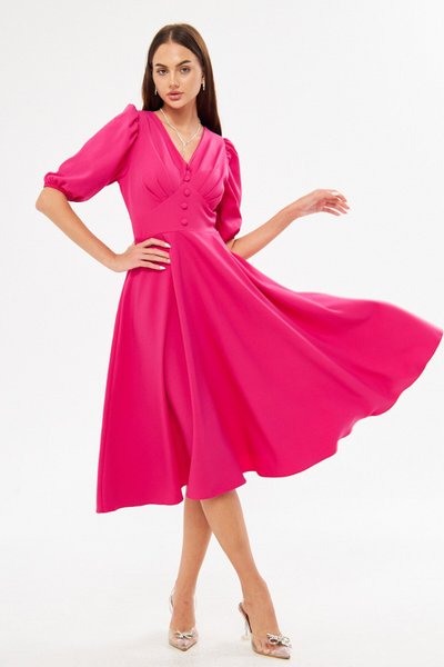 Fuşya Midi Balon Kol V Yaka Korsaj Kemer Detaylı Dokuma Elbise