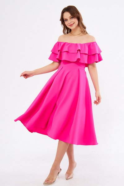 Fuşya Midi Düşük Omuz Fırfır Yaka Elbise