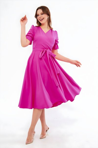 Midi Wrap Neck Ruched Belted Short Sleeve Dress - Fuchsia