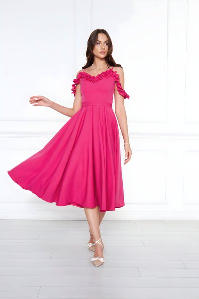 Midi Flared Pleated Adjustable-Strap Evening Dress - Fuchsia