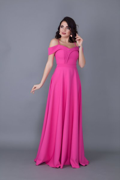 Long Flared Strappy Off-Shoulder Evening Dress - Fuchsia