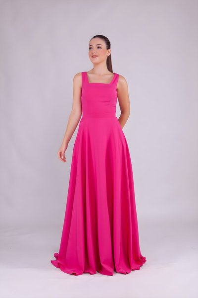 Long Square Neck Evening Dress - Fuchsia