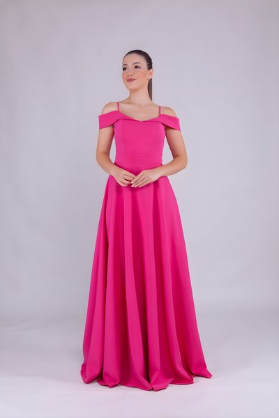 Long Strapped Shoulder Detail Evening Dress - Fuchsia