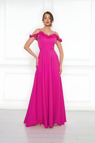 فستان سهرة طويل فوشيا كلوش سترابلس بكشكشة وأحزمة قابلة للتعديل