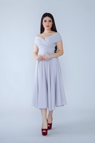 Midi Flared Drapey Woven Boat Neck Evening Dress - Gray