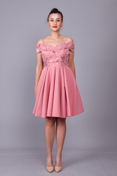 Midi Flared Strappy Floral Tulle Detail Off-Shoulder Evening Dress - Dusty Rose