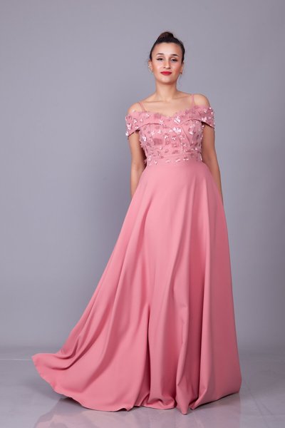 Long Flared Strappy Floral Tulle Detailed Evening Dress - Dusty Rose