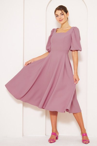 Gül Kurusu Kare Yaka Balon Kol Lastikli Dokuma Midi Elbise