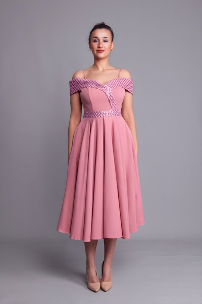 Midi Strappy Checked Off-Shoulder Sequin Detail Evening Dress - Dusty Rose