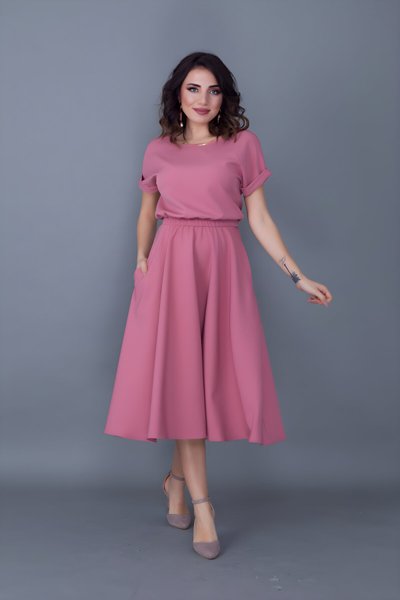 Midi Batwing Sleeve Elasticated Waist Pocketed Dress - Dusty Pink