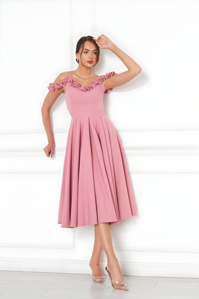 Midi Flared Pleated Adjustable Strap Ruffle Neck Detail Evening Dress - Dusty Pink