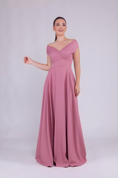 Long Boat-Neck Evening Dress - Dusty Rose