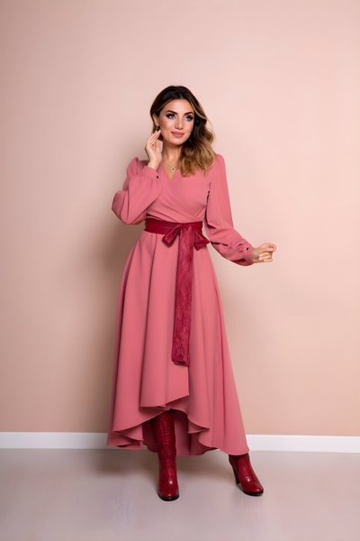 Long Sleeve Asymmetrical Cut Leather Belted Dress - Dusty Rose