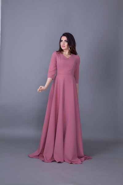 Gül Kurusu Uzun V Yaka Abiye Elbise