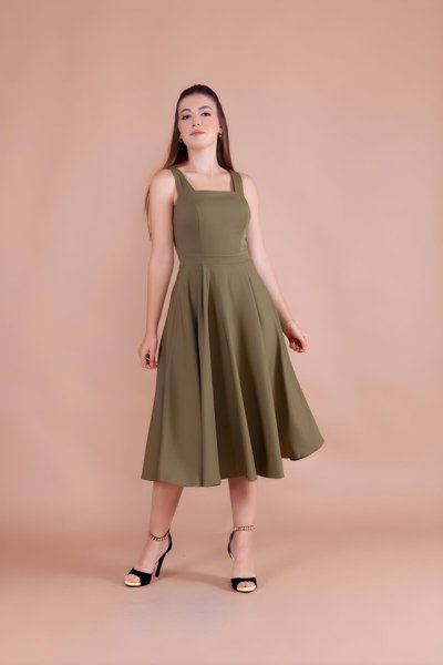 Midi Square Neck Dress - Khaki