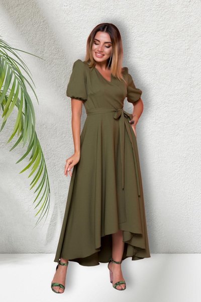 Haki Midi Kısa Kol Asimetrik Kesim Kruvaze Yaka Elbise