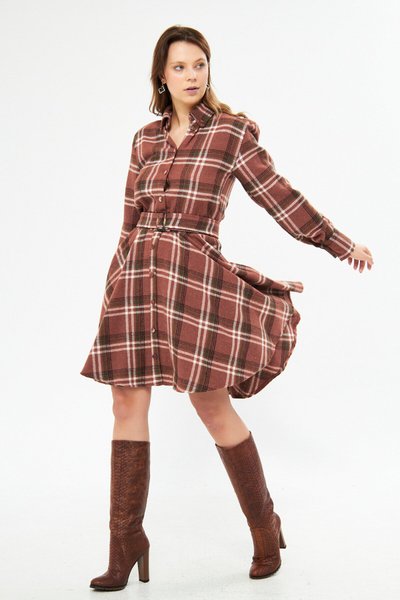 Mini Flannel Belted Long Sleeve Shirt Dress - Brown