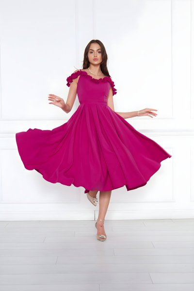 Midi Flared Pleated Woven Ruffled Adjustable Strap Evening Dress - Cherry